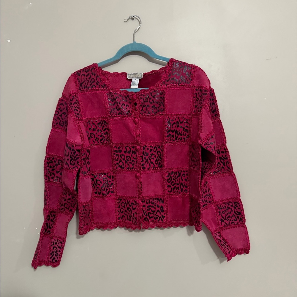 Pink and black leopard print leather button up jacket size medium